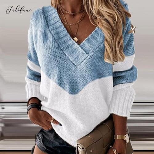 Autumn V Neck Patchwork Knitted Sweater Women Casual Loose Long Sleeve Office Top Pullover Winter Streetwear Sweaters 2021 New
