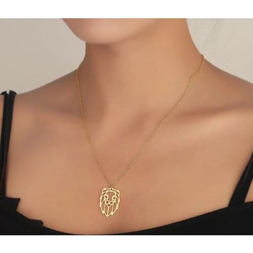 Stainless Steel Origami Male Lion Pendant Necklaces for Women Men Punk Lion Charm African Savannah Jewelry Gift