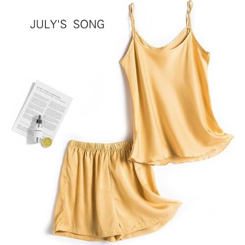 JULYS SONG Sling and Shorts Womens Pajamas Set Solid Sexy Satin Sleepwear Soft Sleeveless Spring Summer O-neck Pajamas Suit
