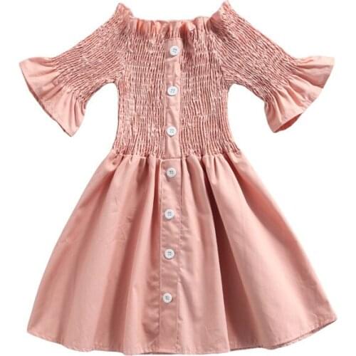 Toddler Kids Casual Fashion Dress Fall Summer Ruched Shirring Boat Neck Flared Sleeve Buttons Dresses for Girls 2-7 Years
