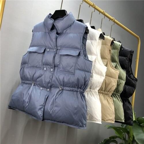 Korean Style Thick Puffy Duck Down Jacket Girls Winter Sleeveless Vest Women Slim Fit Drawstring Blue Down Coat Female Plus Size