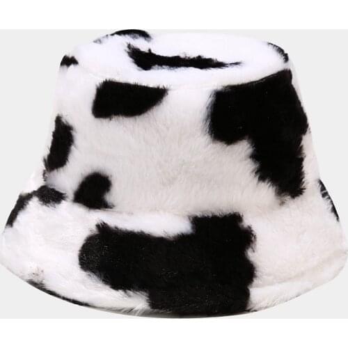 Dvacaman 2021 Designer Vintage Fashion 3 Colors Furry Cow Print Rabbit Hair Fur Bucket Hat/Winter Hat for Women Winter Autumn