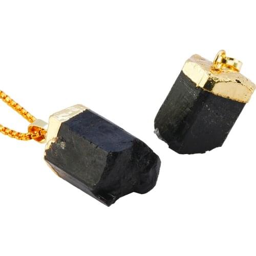 SUNYIK Natural Original Black Tourmaline Random Gems Healing Reiki Stone Pendant Fit Necklace for Women Men (Free Chain)