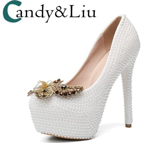 White Pearl Wedding Shoes Gold Metal Butterfly Red Rhinestone Bowknot Crystals Women Pumps for Party Banquet Evening Dress