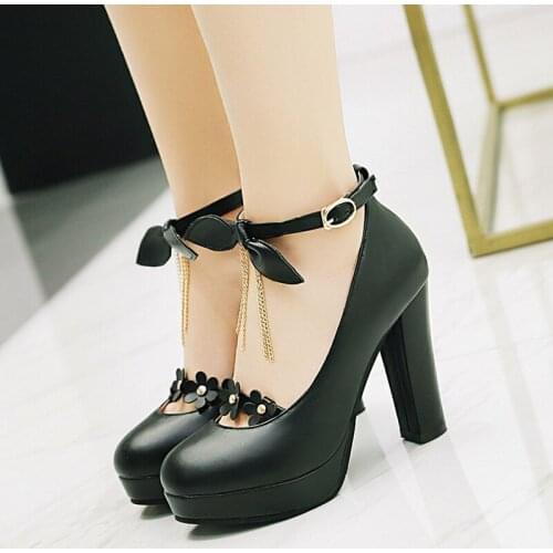 Rimocy womens super high heels lovely floral strap pumps 2019 new spring fashion thick platform pink bowtie shoes woman lolita