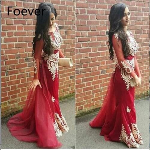 Vestido De Festa Red Mermaid Prom Dress Sheer Long Sleeve Gold Appliques Prom Gowns Evening Formal Dress