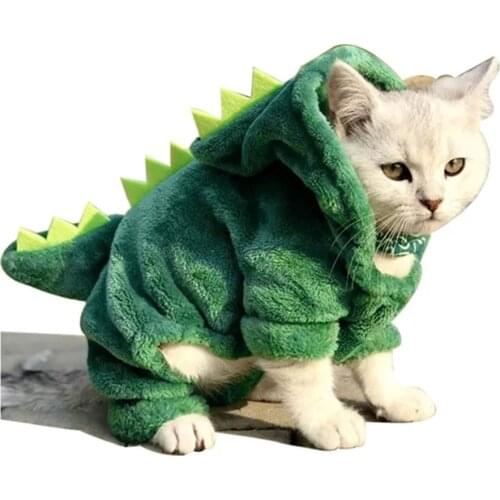 Funny Pet Kitten Fleece Dinosaur Costume Coat Pet Cat Dog Warm Plush Dinosaur Suit Hoodies Sweater Small Dog Clothes Cosplay