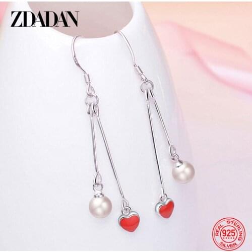 ZDADAN 925 Sterling Silver Heart Pearl Drop Earrings For Women Fashion Wedding Jewelry Gift