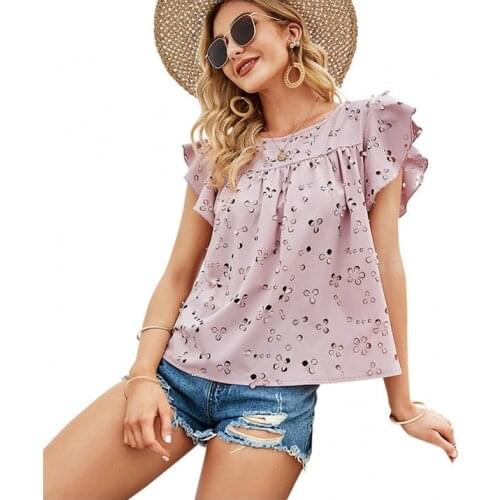 2021 Womens Summer Top New Fashion Burnt Flower Pattern Hook Hollow-Out Fresh Sweet Lotus Leaf Short Sleeve Chiffon Blouse