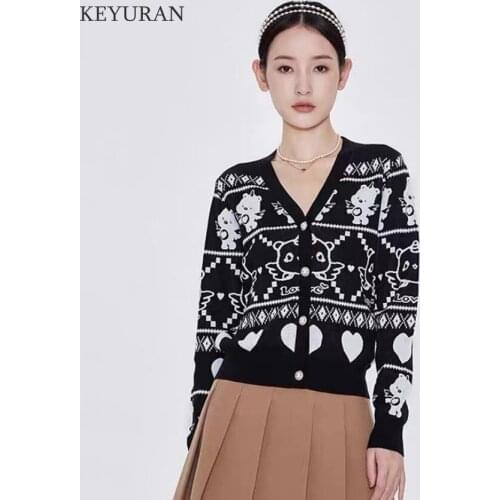 2021 Autumn New Womens Knit Sweater Cardigan Jacket Ladies Casual Long Sleeve V Neck Black Jacquard Sweaters Outerwear Tops