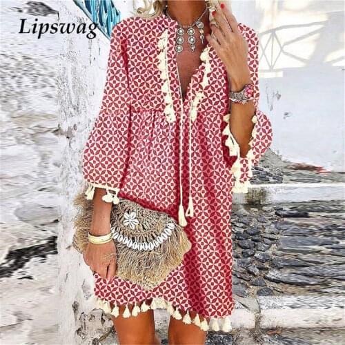 Women Elegant V Neck Floral Print Tassel Dress 2021 Spring 3/4 Sleeve Mini Dress Ladies Summer New Vintage Beach Dresses Vestido