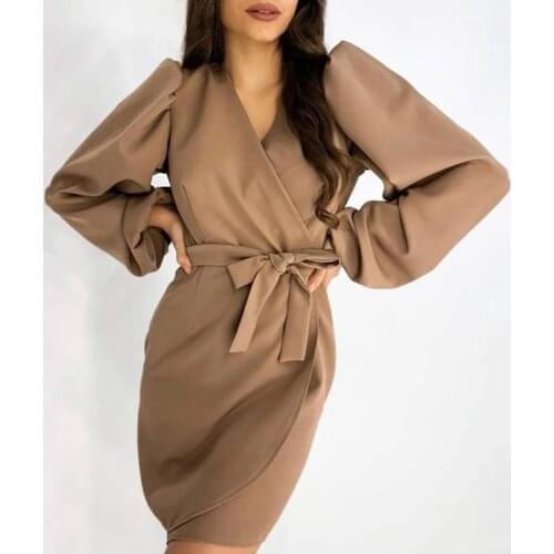 CHURSES Lace Up Bodycon Robe Dress Lantern Sleeve V-Neck Dresses For Women Party 2021 Fashion Elegant Mini Office Lady