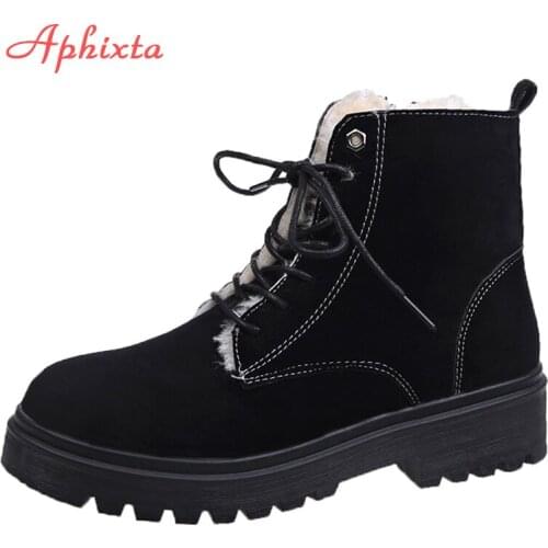 Aphixta Winter Boots Woman Ankle Boots For Women Lace-Up Zipper Warm Fur Shoes Woman Flat Heels Botas Mujer Shoes Large Size 43