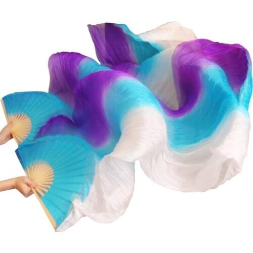 100% Silk Belly Dance Fan Handmade Dyed Bamboo Ribs Dance Props Belly Dance Fans 1Pair Purple+Turquoise+White Stripe Colors Fans