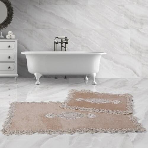 Bonny home Lisa rectangle beige 2 pcs french lace plush bath mat slip-resistant leather-based machine washable carpet set