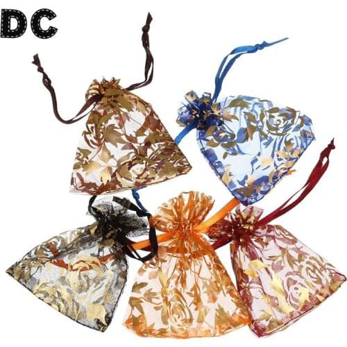 25pcs/lot 7x9/9x12cm Net Drawstring Flower Rose Pattern Organza Christmas Gift Bags Jewelry Packing Pouch Wedding Bags
