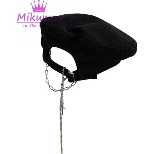 Harajuku Black Cross Chain Adjustable Beret Hat For Women Girl