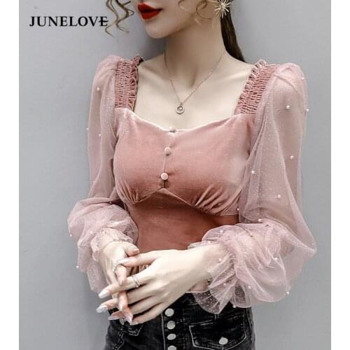 JuneLove Korean Square Collar Mesh Stitching Long Sleeve Shirts Women Spring New Ins Fashion Retro Clothes Blouse Casual Tops
