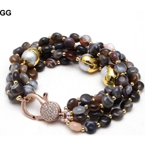 GG Jewelry 5 Rows Natural White Keshi Pearl Gold Color Plated Round Coin Brown Agate Bracelet CZ Clasp For Women