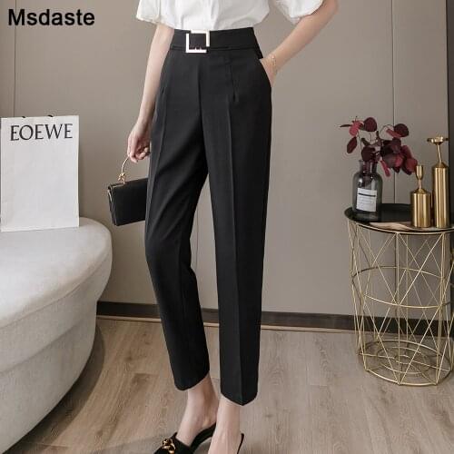 Harem Pants Women 2020 Summer High Waist Belted Female Trousers Fashion Workwear Solid Black Business Casual Ankle-Length Pants