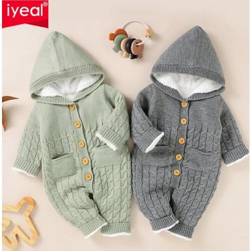 IYEAL Winter Soft Fleece Inside Newborn Hooded Knit Rompers Babies Boys Girls Overalls Warm Knitted Toddler Infant Overalls