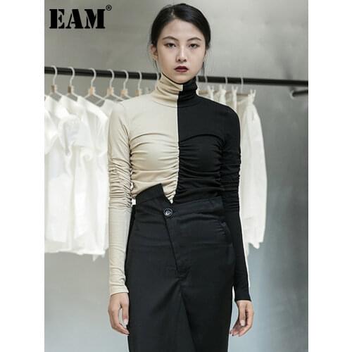 [EAM] Women Black Contrast Color Temperament T-shirt New Turtleneck Long Sleeve Fashion Tide Spring Autumn 2021 1DA914