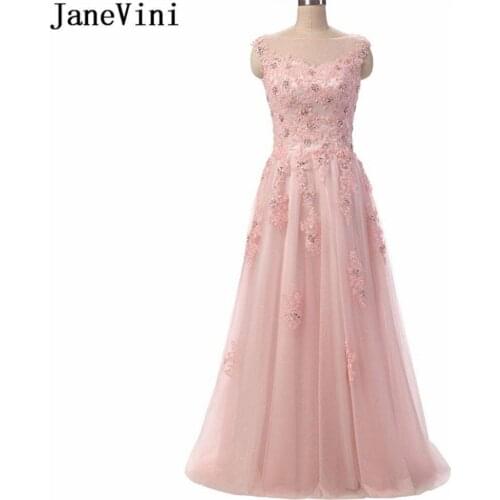 JaneVini Elegant Pink Long Bridesmaid Dresses for Weddings A Line Sheer Neck Lace Applique Beaded Tulle Prom Gowns Floor Length