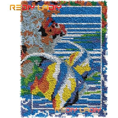 Latch Hook Rug Sea Fish Crocheting Wall Tapestry Kits DIY Carpet Rug Chunky Yarn Needlework Knitted Floor Mat Hobby & Crafts