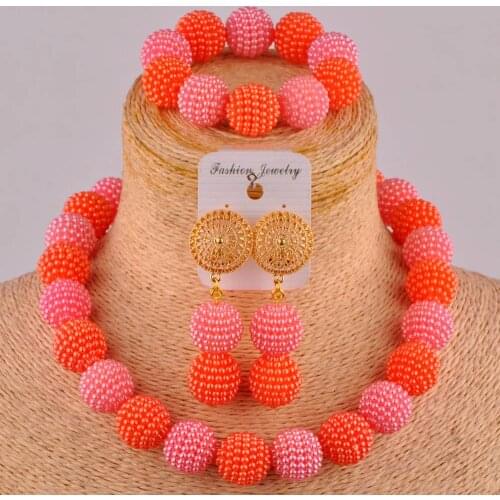 Pretty orange and peach african beads nigerian necklace costume jewelry set FZZ97-12