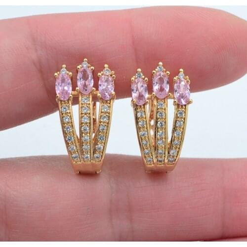 Gold Color Women Fashion Pink Cubic Zirconia CZ Huggie Earrings Jewelry