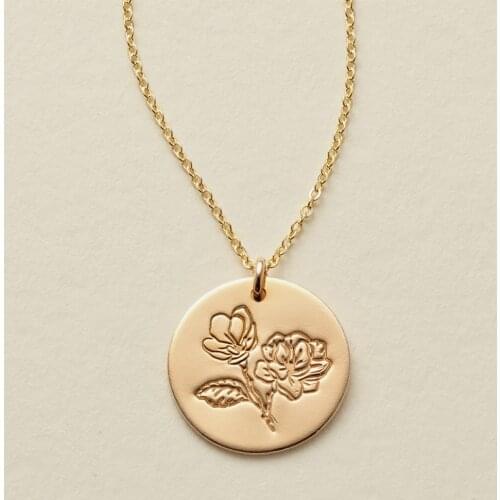 Delicate Magnolia Flower Inspired Necklace Simple Inspirational Disc Pendant Necklace Jewelry 15mm ,18inch