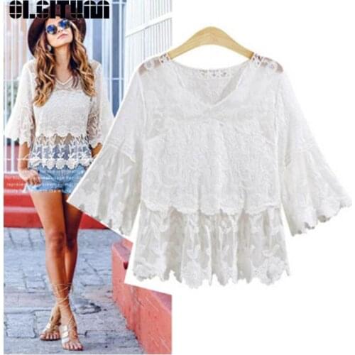 New 2020 Female Shirt Solid Color Simple White Turtleneck Lace Top V-neck Sleeve Openwork Joker Shirt BS318