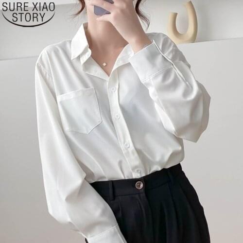 Autumn New Shirts Women White Long Sleeve Blouse Silky Loose Ol Style Fashion Shirt Turn Down Collar Pocket Tops Blusas 16164