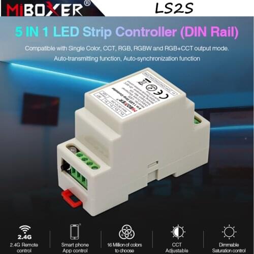 Miboxer LS2S 5 in 1 LED Strip Controller (DIN Rail) For DC12V~24V Single CCT RGB RGBW RGB+CCT LED Strip Remote WiFi Control