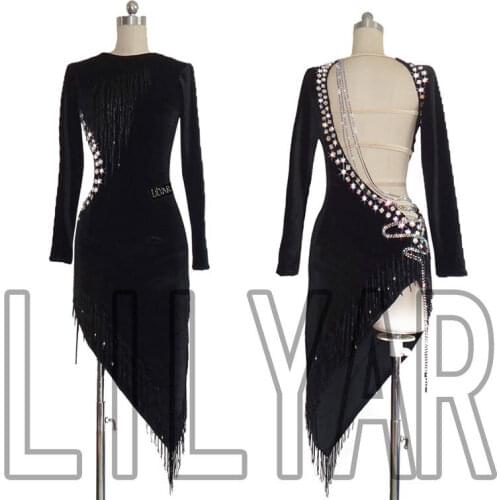 New Latin dance dress competition dress performance Dress Adult custom black open back flash diamond Sexy Dance Dress