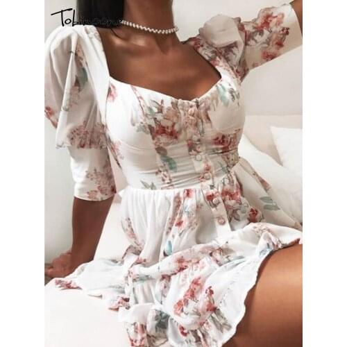 Tobinoone Summer Buttons Floral Print Women Dress Ruffles Square Collar Sexy Dresses Female Backless Elehant A-line Beach Dress