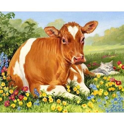 Handmade Flowers Cow Diamond Painting Full Square Drill 5D Diy Diamond Embroidery Beadwork Mosaic Stickers Puzzle Home Living