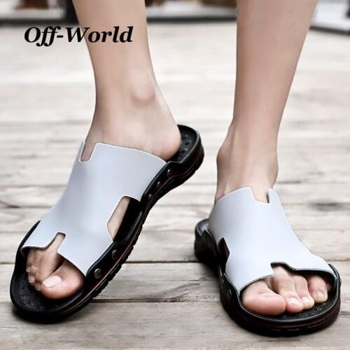 Summer Men Genuine Leather Slippers Beach Sandals Flip Flops Shoes Rubber Non-Slip Vacation Side Footwear For Male Size 38-48