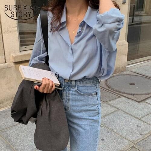 Spring Summer Loose Single-breasted Blue Women Blouses Turn-down Neck Full Sleeve Female Shirts Tops Casual Blusas Femme 13050