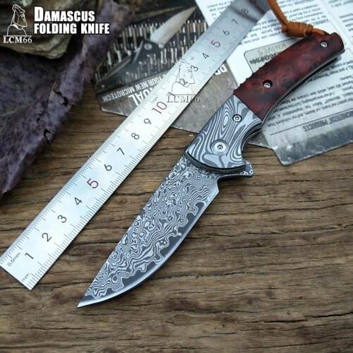 LCM66 Damascus Folding knife Handmade forged knife hunting knife 60HRC Ebony handle with Portable knife Tools Sharp Outdoor knif