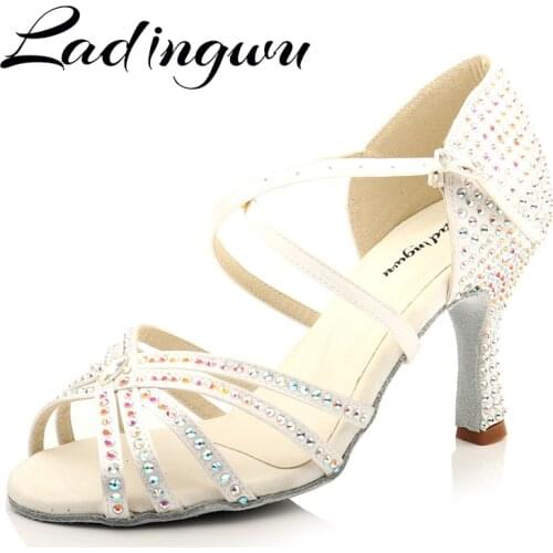 Ladingwu Woman Girls Soft Bottom Shiny Rhinestone Latin Salsa Ballroom Dance Shoes For Ladies White Satin Wedding Shoes