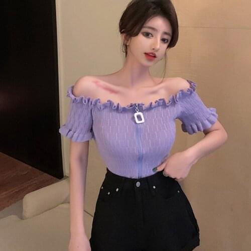 Women Solid Slash Neck Tees Summer Casual Slim Exposed Navel Knitted Short Sleeve Off Shoulder T-Shirt Tops