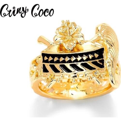 Cring Coco Original Design Hawaiian Rings Women Exquisite Gold Color Flower Drum Jewelry Promise Accessories Black Enamel Ring
