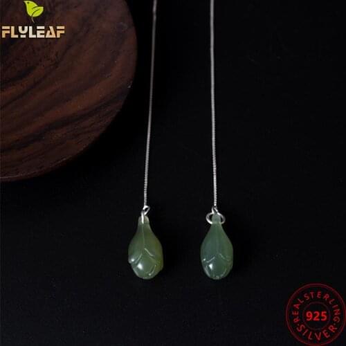 Flyleaf 100% 925 Sterling Silver Green Natural jade Magnolia Flower Long Tassel Earrings For Women Vintage Style Jewelry