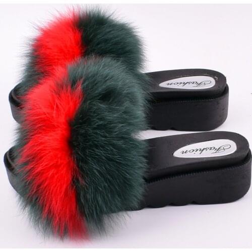 2019 new Summer flat bottom high heel anti-skid natural fox fur female furry slippers outside wearing a slope heel