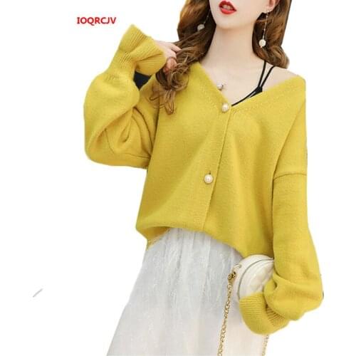 Women Cardigan Sweater 2019 New Spring Flare Sleeve Sexy V neck Knitted Sweater Coat Korean Girl Loose Sweet Knitting Tops W1363