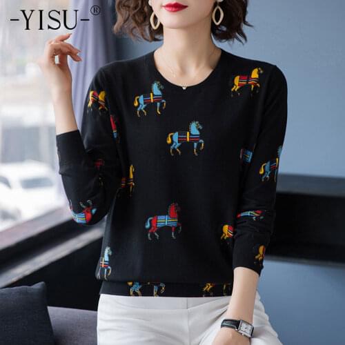 YISU Cartoon horse pattern Printed Sweater Women 2020 Autumn Winter Fashion Knitted Jumper Long Sleeve Pullover Sweater Women