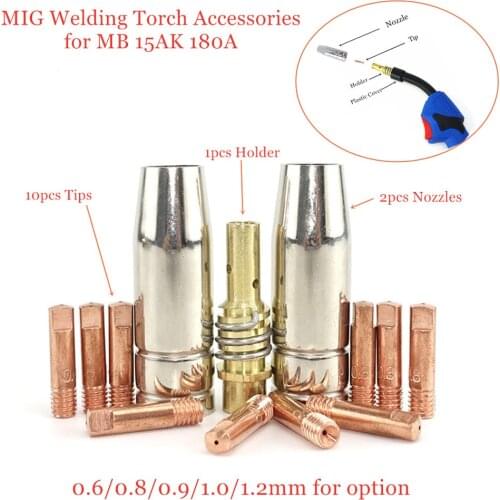 MIG Torch Consumables 0.6mm 0.8mm 0.9mm 1.0mm 1.2mm Welding Tips Gas Nozzles Diffuser for EU Style 14AK 15AK Welding Torch