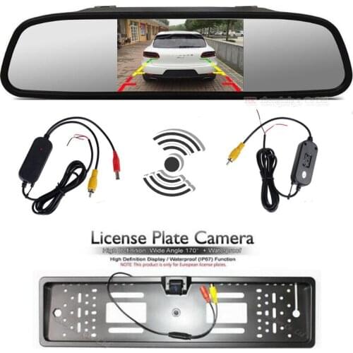 2.4Ghz Wireless Set to Connect 5 Inch Car Rear View Monitor and Europe License Plate Frame Rearview Backup Reverse Camera