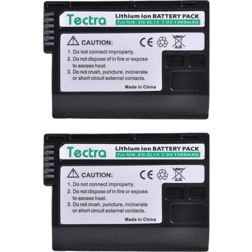 Tectra 1900mAh 2pcs EN-EL15 EN EL15 ENEL15 Battery for Nikon D7000 D7100 D800 D800E D600 D610 D810 D500 D7200 V1 D850 Battery